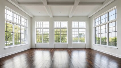 Fototapeta premium A spacious room with enormous square windows allowing ample natural light to fill the space. The walls are smooth and white while the absence of trim gives it a stark contemporary