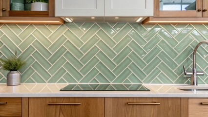 A soft green glass tile backsplash arranged in a herringbone pattern harmonizing beautifully with natural wood accents and bright chrome fixtures.
