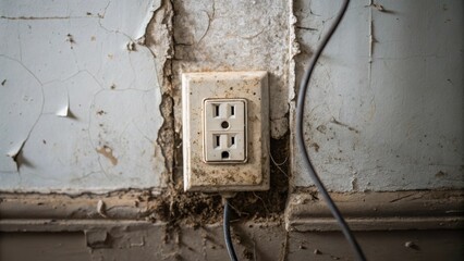 A solitary outlet on a wall its cover dislodged with tangled wires and a thin film of dirt reflecting years of neglect.