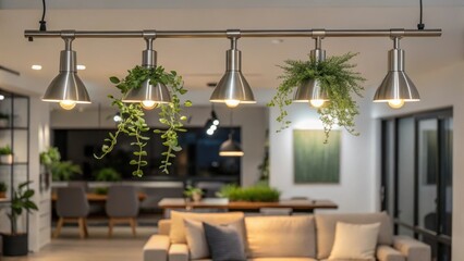 A softfocus image showcases a series of brushed nickel track lights casting a warm glow across an open living space with elegant pendant plants hanging just below the illuminated