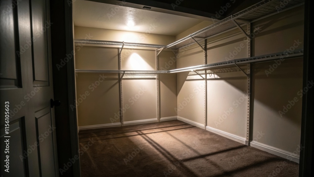 Poster A shot of a portable light casting shadows in the empty closet illuminating the empty shelving supports standing against the wall.