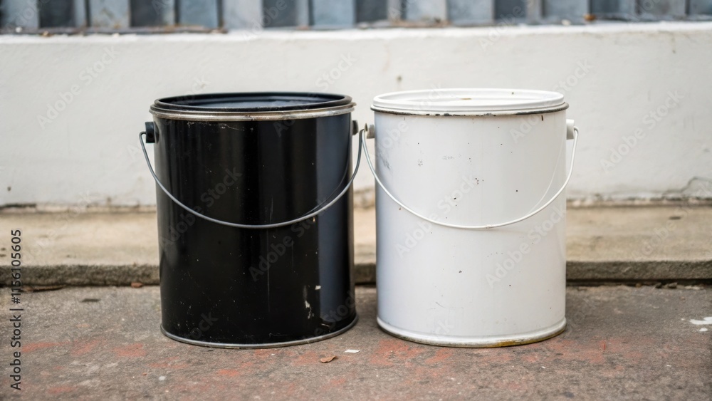 Poster a shot of two empty paint cans leaning against each other one black and one white with the clear unt