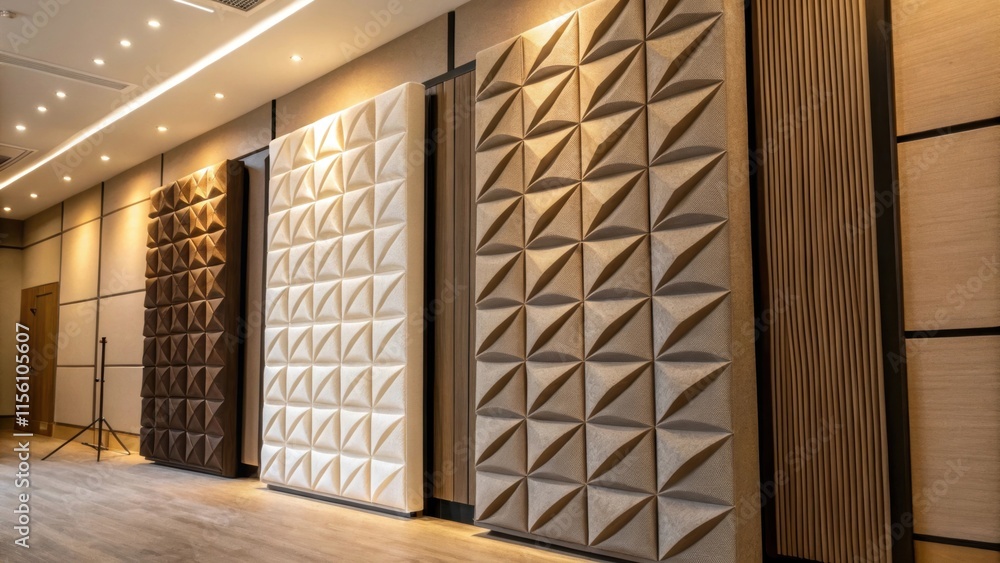 Poster A side view of the acoustic panels revealing their thickness and the depth of the materials used with a backdrop of warm ambient light filtering through.