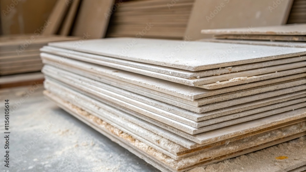 Poster A side angle revealing thin sheets of drywall piled awkwardly with one piece propped against another accumulating fine layers of dust that enhance the rustic atmosphere.