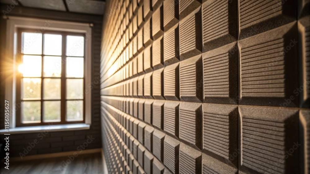 Poster A side profile of a wall covered in soundproofing tiles with sunlight filtering through a nearby window creating soft highlights on the textured surface.