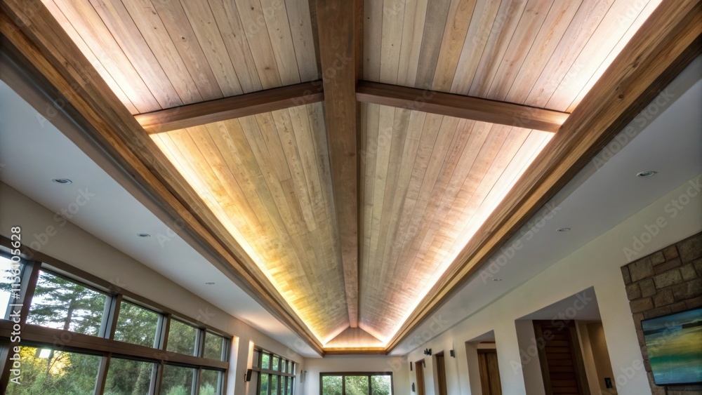 Poster A singular beam extending across the ceiling its unrefined finish allowing glimpses of color variations that speak to the natural beauty of the material with light reflecting