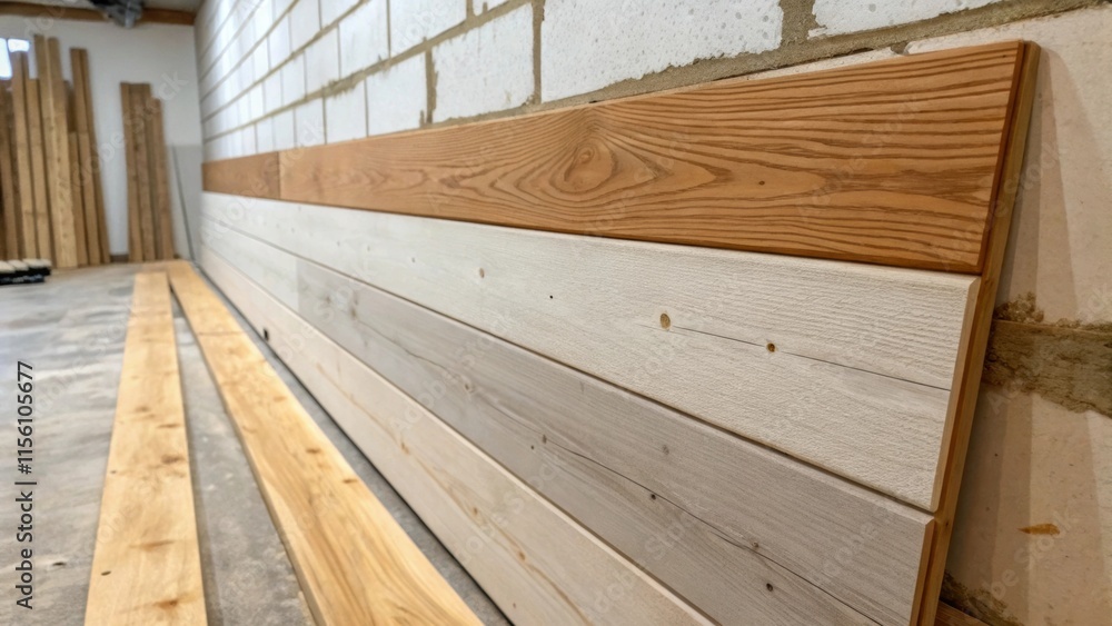 Aufkleber A shot capturing the interaction between the unfinished wall surface and a piece of decorative wood planking that is about to be mounted revealing the texture variations of both