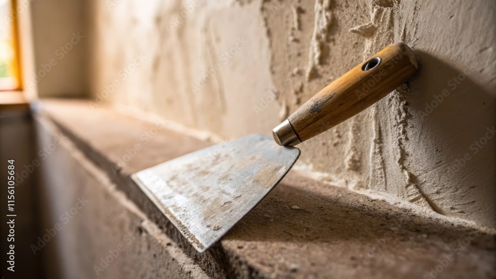 Aufkleber A shot capturing the detail of a plastering tool resting against a wall with the faint residue of drywall compound still visible on its edge.