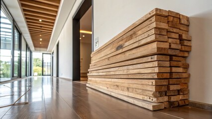 A shot of a stack of planks leaning against a wall showing the juxtaposition of their roughness against a sleek modern space demonstrating the blend of old and new in renovation.