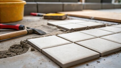 A shot focusing on the uneven edges of unfinished tiles with stray cement and tools tered about evoking a sense of ongoing work and potential transformation.