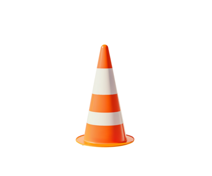 A bright orange traffic cone with white stripes, symbolizing caution and road safety. Isolated on transparent white background, png	