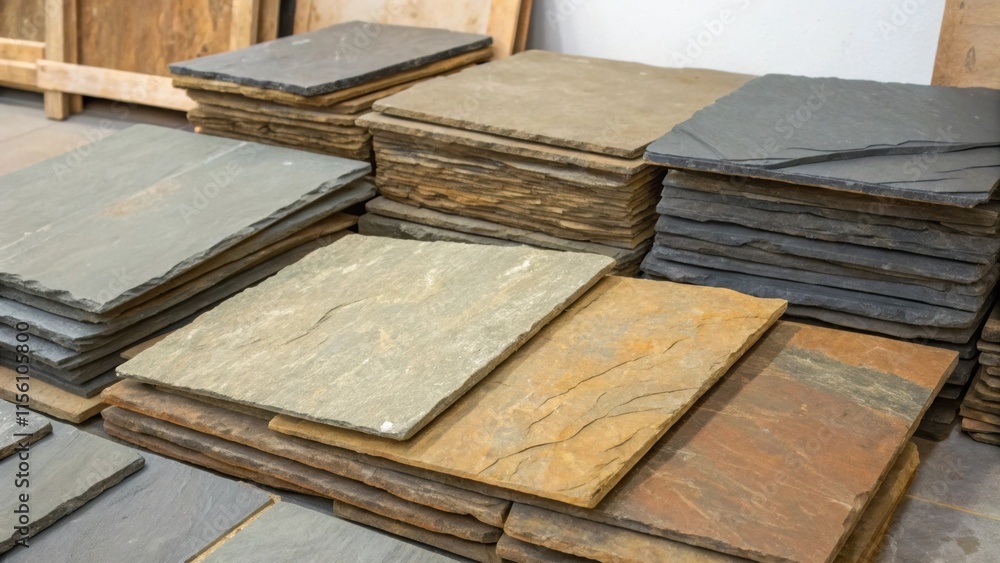 Poster A selection of slate tiles with natural variations in color their surface rugged and earthy piled high with some edges slightly chipped adding to their character.