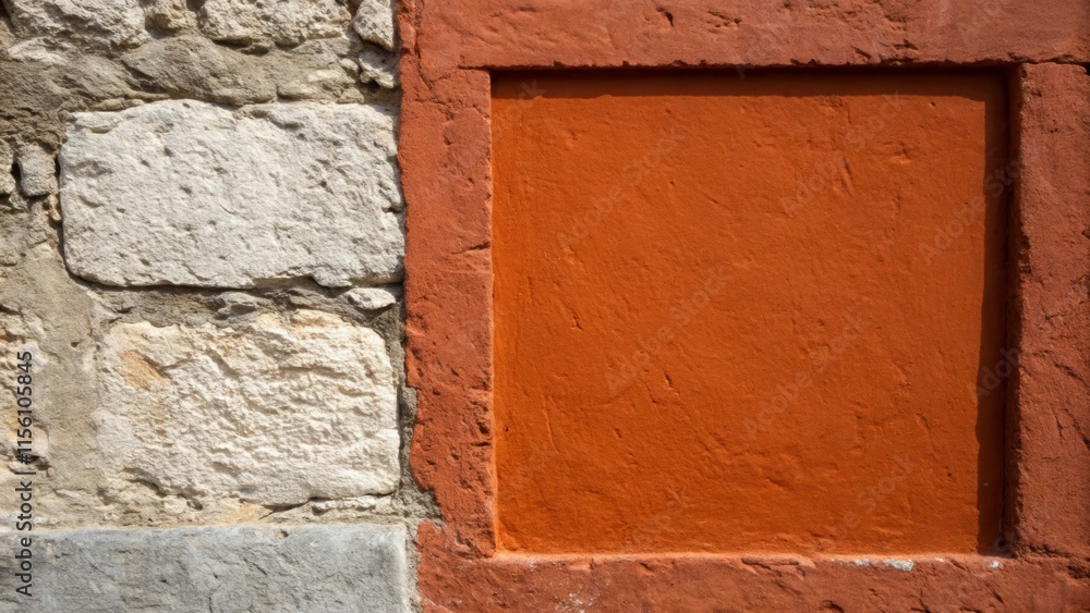 Poster A section of the wall marked by a square of warm terra cotta paint the rich hue providing a striking contrast to the rough texture of the adjacent grey surface.