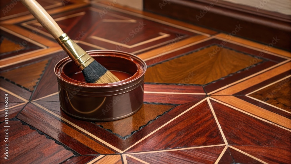 Poster A section of the floor appears almost glowing its handmade finish capturing deep rich shades. A paintbrush dipped in varnish is poised elegantly over an open container suggesting