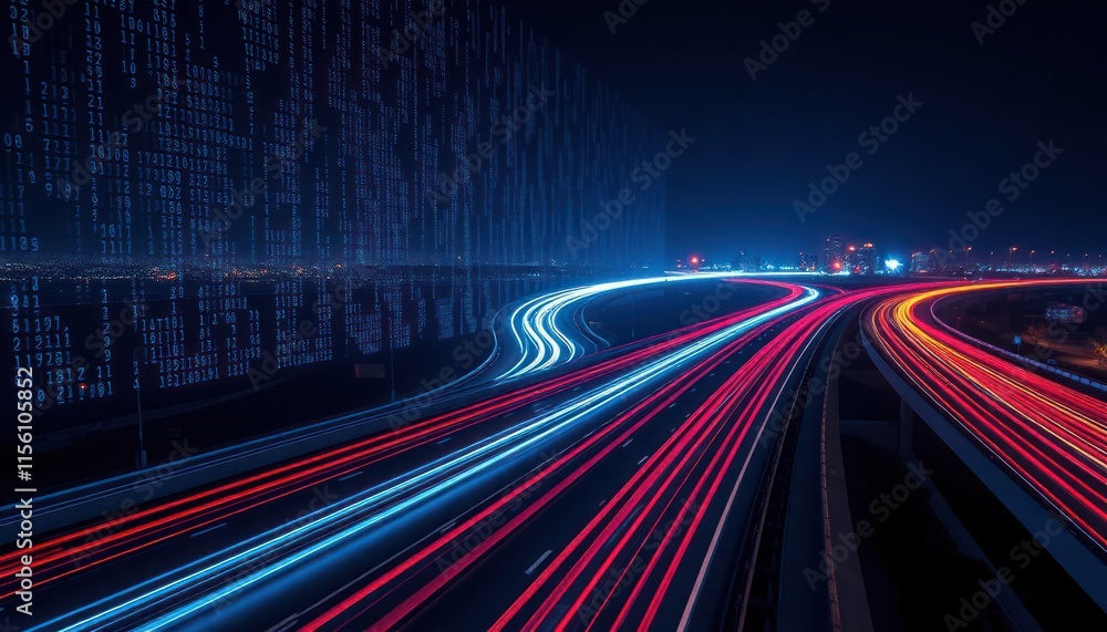 Fototapete Futuristic highway at night with light trails, binary code. City lights visible in background. Fast moving cars create light streaks. Dynamic tech communication concept. Urban road. Modern technology