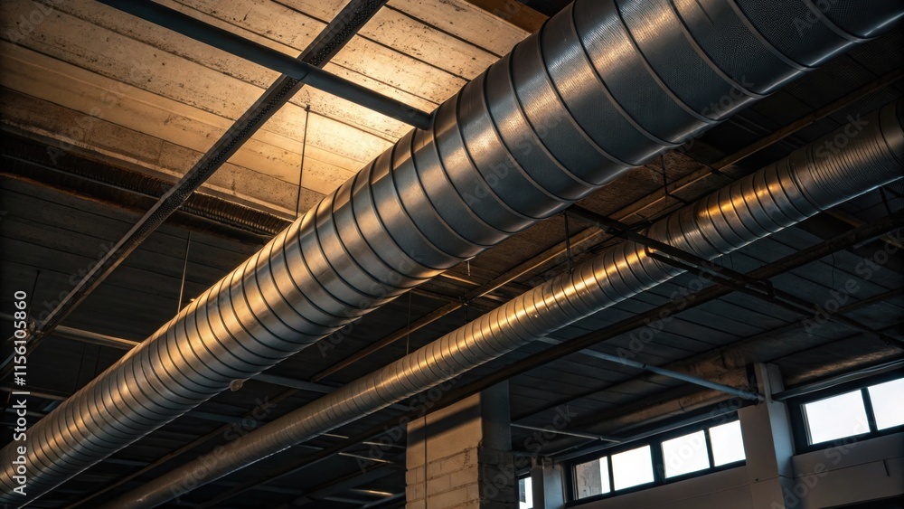 Fototapete A section of a ceiling displaying a winding duct path casting deep shadows against the surface and creating an interplay of light and dark that enhances the industrial character of