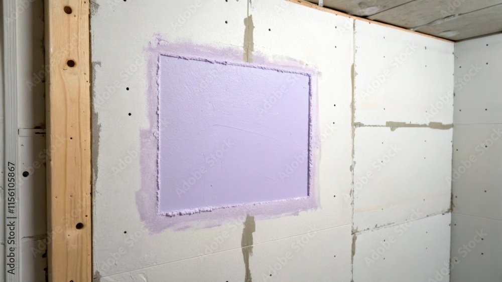 Poster a section of drywall showing an irregular sample patch of soft lavender surrounded by unblemished wh