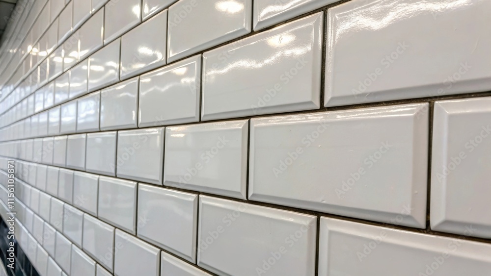 Poster A section of a tiled wall where the glossy finish of bright white tiles contrasts with the dull ungrouted mortar lines capturing the texture of the surface.