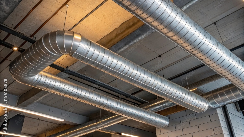 Poster a scene capturing the intersection of multiple hvac ducts forming an abstract pattern against the ma