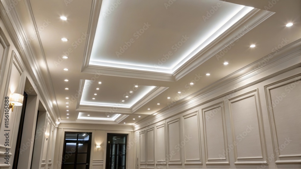 Aufkleber A row of stylish recessed lights embedded in the ceiling throws a bright even illumination highlighting the smooth texture of the freshly painted walls and the clean lines of the