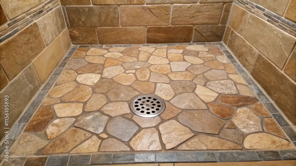 Poster a rustic shower floor showcases irregularly shaped natural stone tiles in earthy tones with a subtle