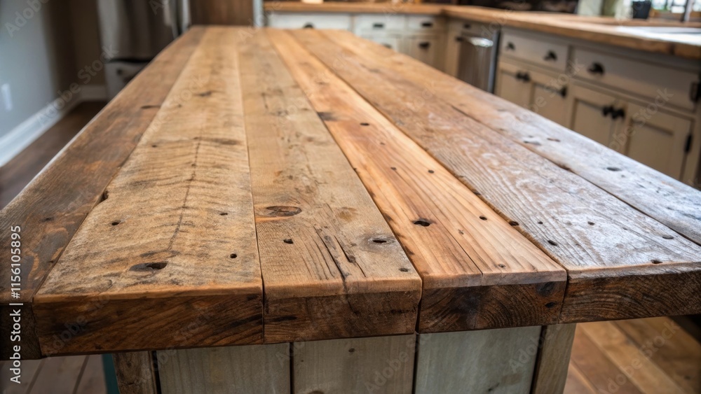 Poster A rustic reclaimed wood countertop characterized by its knotted imperfections and textured surface