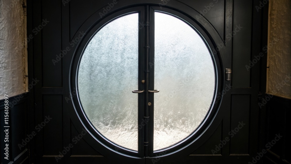 Poster A round glass door with a frosted finish sitting on a stark black background highlighting its delicate transparency.