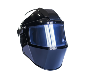 Close-up of a sleek black welding helmet with a large clear visor, designed for safety and visibility. Isolated on transparent white background, png