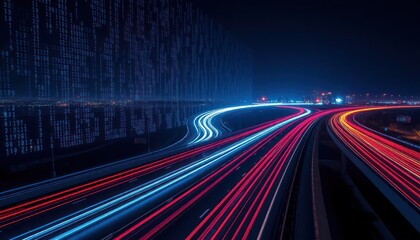 Futuristic highway at night with light trails, binary code. City lights visible in background. Fast moving cars create light streaks. Dynamic tech communication concept. Urban road. Modern technology