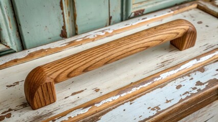 A rustic wooden door handle with visible grain lying on a distressed painted surface capturing a cozy and warm aesthetic.