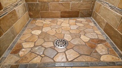 A rustic shower floor showcases irregularly shaped natural stone tiles in earthy tones with a subtle brushed metal drain that harmonizes with the organic aesthetic.