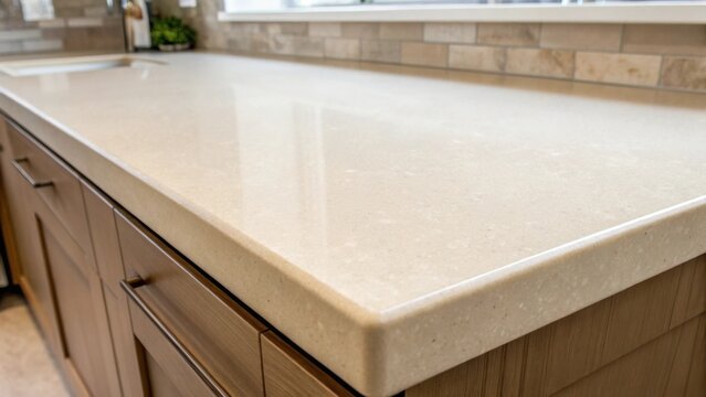 A seamless corian countertop in an understated beige hue its soft surface reflecting gentle shadows creating a calm and neutral backdrop for future sink installation.