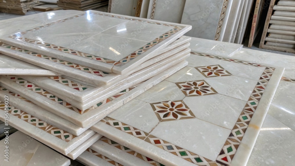 Aufkleber A pile of marblelike tiles their polished finish capturing the sparkle of fragmented light displaying delicate ing patterns in contrasting colors that add depth to the visual.