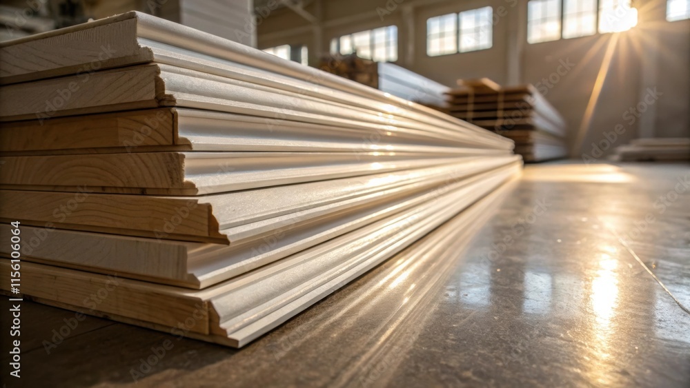 Aufkleber A pile of baseboards shot from a low angle the layers creating a visual rhythm while sunlight refracts off the polished surfaces creating a soft shimmer.