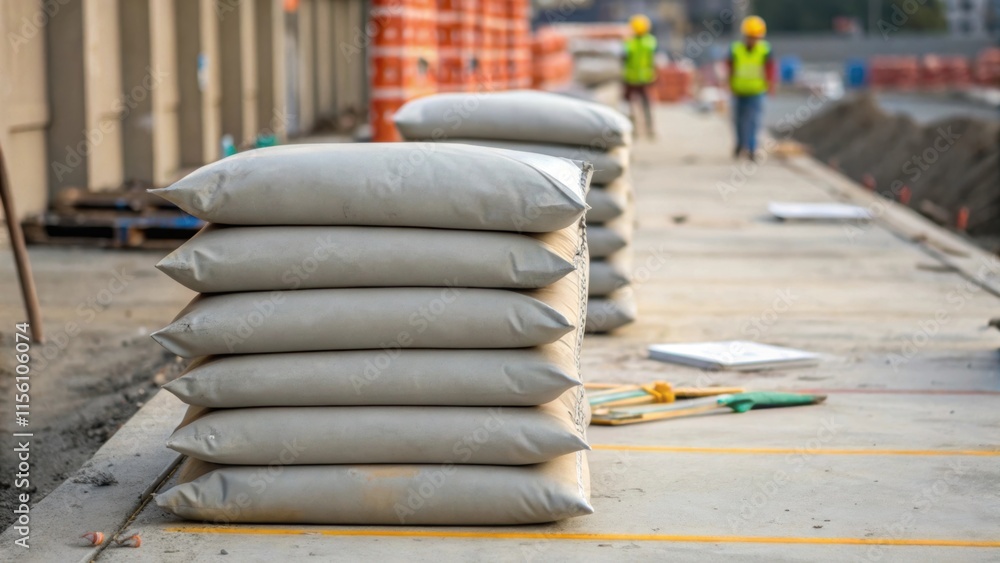 Poster a perspective shot of a row of cement bags their sides reflecting subtle variations of gray with a f