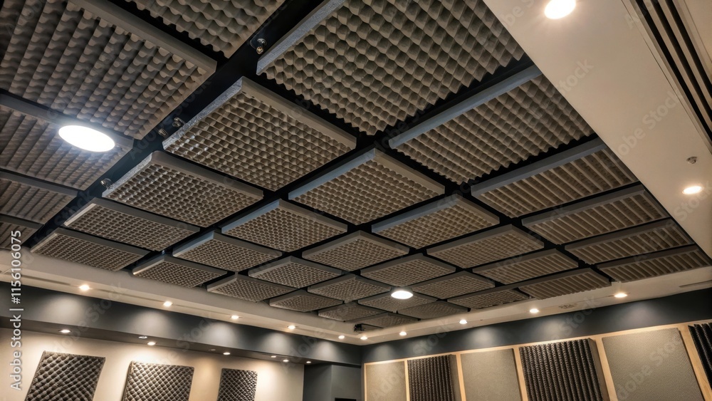 Aufkleber A perspective shot from below looking up at the soundproofing foam panels mounted on the ceiling emphasizing the coverage and visual impact of the installation.