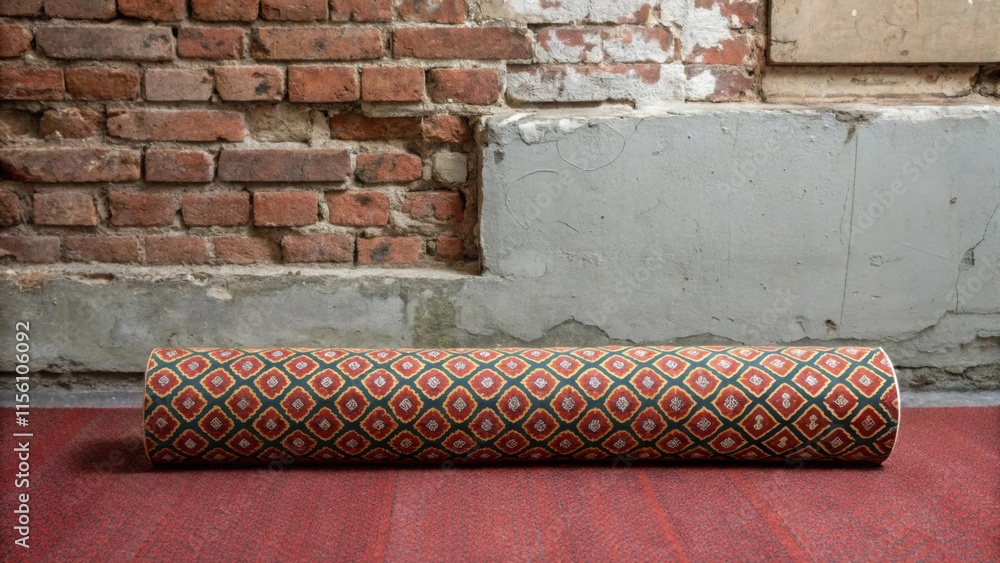 Poster a patterned carpet roll sits against a wall contrasting with the rugged exposed brick where the text