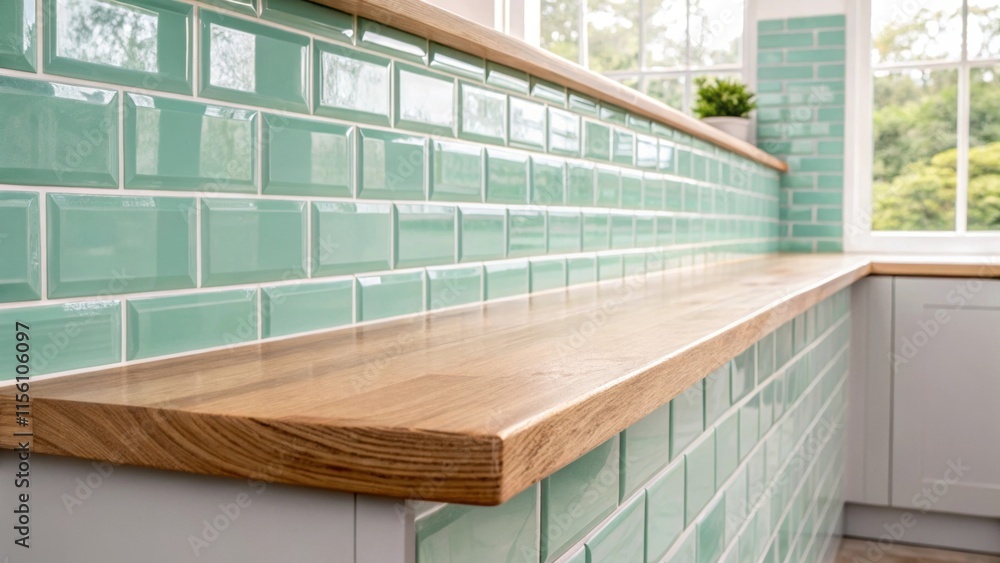 Poster a partially tiled area with glossy mint green subway tiles framed by a light oak countertop emphasiz