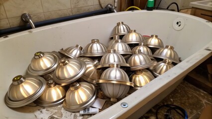 A pile of notyetinstalled wall sconces rests against the tub their brushed nickel finish catching the light while the surrounding area is filled with remnants of earlier fixtures.