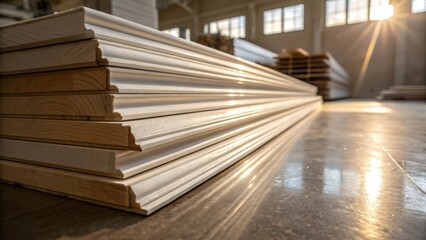 Obraz premium A pile of baseboards shot from a low angle the layers creating a visual rhythm while sunlight refracts off the polished surfaces creating a soft shimmer.