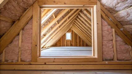 A peek through a gapped wooden panel reveals the neighboring silhouettes of insulation batts creating a cozy yet unfinished aesthetic within the attics confines.