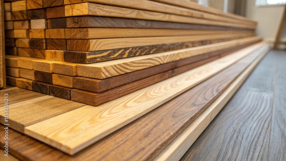 Poster an upclose view of a of wooden planks stacked at the edge of the room showcasing a variety of shades