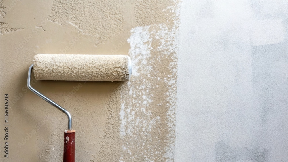 Poster an upclose view of a smooth fresh primer finish on a wall with shiny areas contrasting against dull 