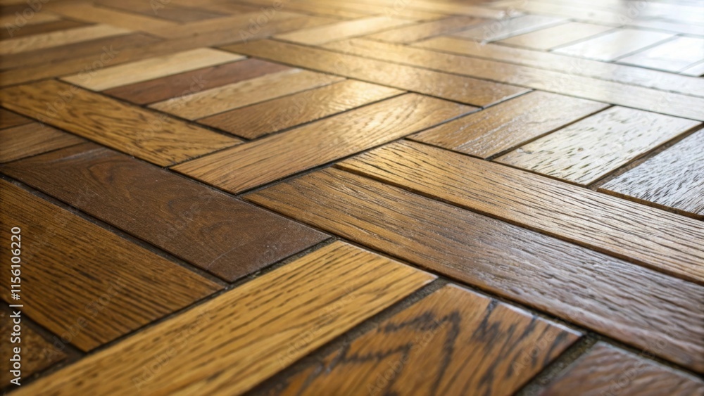 Poster An upclose view of a single parquet tile displaying the natural grain and finish showcasing various shades of brown and gold with a slight sheen reflecting the ambient light.