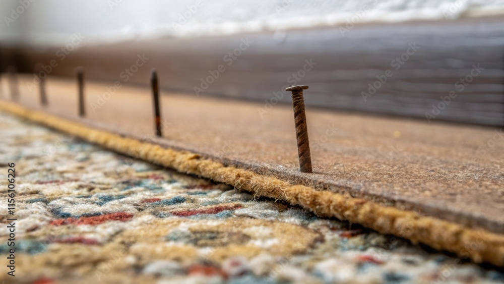 Leinwandbilder an upclose view of a carpet tack strip still embedded into the flooring showcasing rusted staples ag