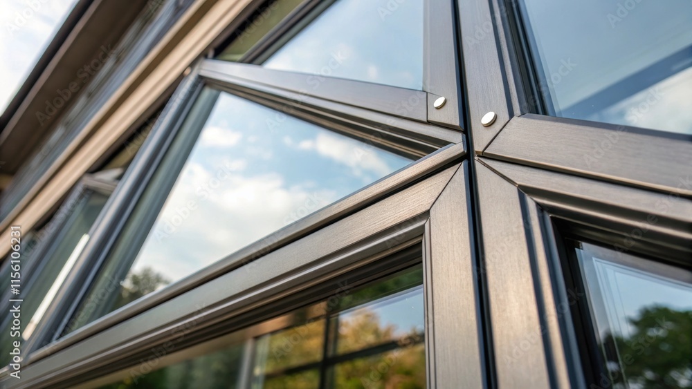 Aufkleber An upclose view of a metal window frame with a contemporary design showcasing sharp angles and a sleek finish. The reflection of the surrounding environment can be seen faintly on