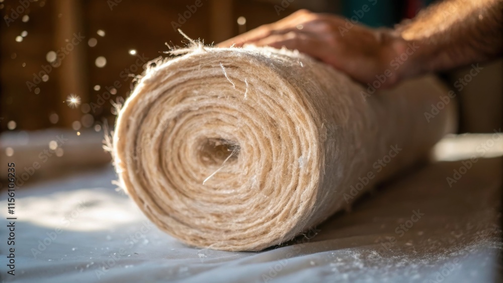 Poster An upclose view of a hand gripping a roll of insulation revealing the compressed fibers and their soft fibrous nature with dust particles gently glinting in the ambient light.