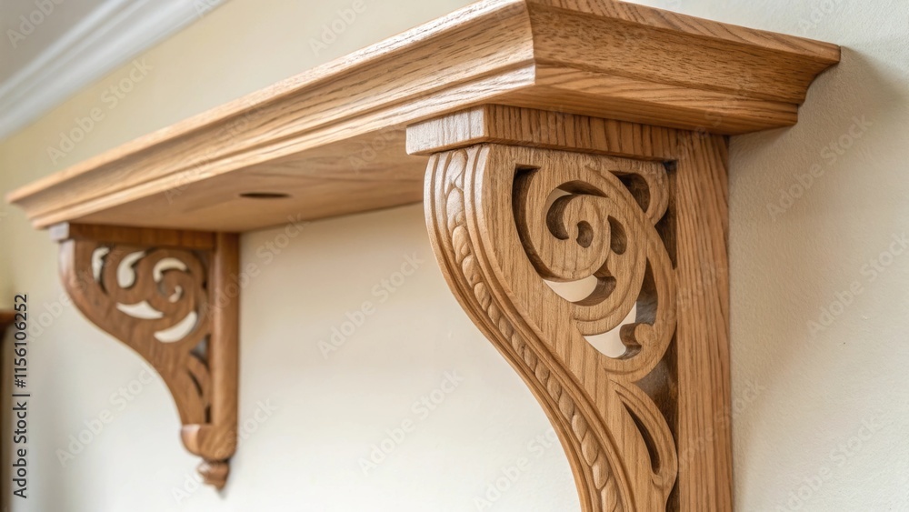 Aufkleber an upclose shot of an artisancrafted wood shelf bracket p against the background of an untouched wal