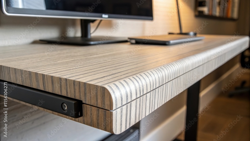 Aufkleber An upclose look at the textured surface of the floating desk capturing the play of light and shadows as it interacts with the clean line of the wallmounted bracket.