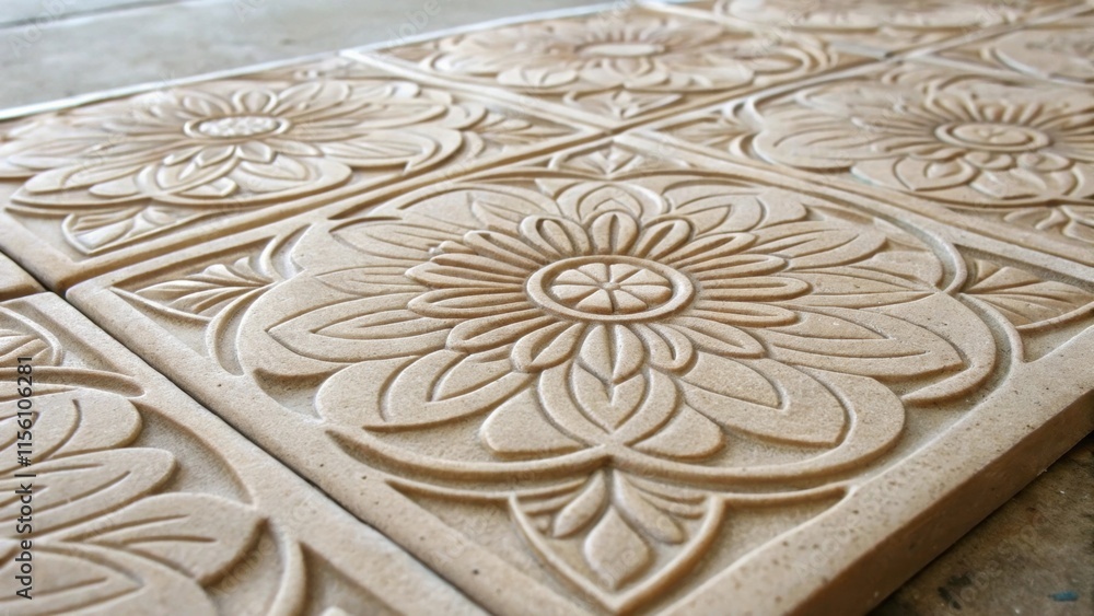 Poster An upclose perspective of a textured tile featuring a raised floral design with some ungrouted spaces around it that allow the base material to be visible.